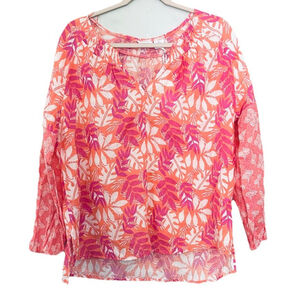 Sigrid Olsen Womens‎ 100% Linen Tropical Blouse Sz Large Pink Orange Mixed Print